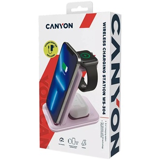 Canyon WS-304 3-in-1 15W univerzális vezeték nélküli töltő adapter rózsaszín (Qi) (Iced Pink)
