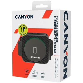 Canyon WS-305 3-in-1 Foldable 15W univerzális vezeték nélküli töltő adapter fekete (Qi)
