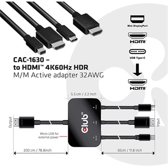 Club 3D CAC-1630 1db USB-C 1db HDMI 2.0 1db DisplayPort mini 1.2 -> 1db HDMI 2.0 M/M aktív adapter 2m fekete
