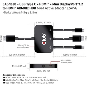 Club 3D CAC-1630 1db USB-C 1db HDMI 2.0 1db DisplayPort mini 1.2 -> 1db HDMI 2.0 M/M aktív adapter 2m fekete