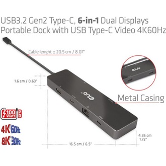 Club 3D 6-in-1 Dual Displays Portable 6-port 100W USB-C dokkoló fekete