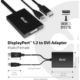 Club 3D 1db DisplayPort 1.2 1db USB-A 2.0 -> DVI-D Dual Link M/F aktív adapter 0.6m fekete HDCP-Off