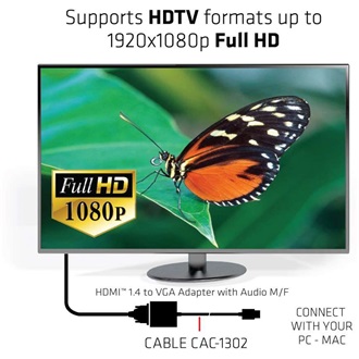 Club 3D CAC-1302 HDMI 1.4 -> VGA Jack stereo 3,5mm M/F adapter 0.35m fekete