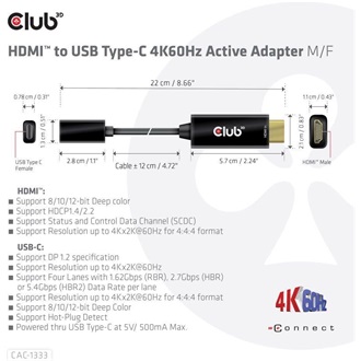 Club 3D CAC-1333 HDMI 2.0 -> USB-C M/F aktív adapter 0.2m fekete
