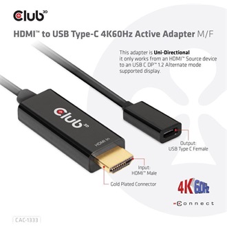 Club 3D CAC-1333 HDMI 2.0 -> USB-C M/F aktív adapter 0.2m fekete