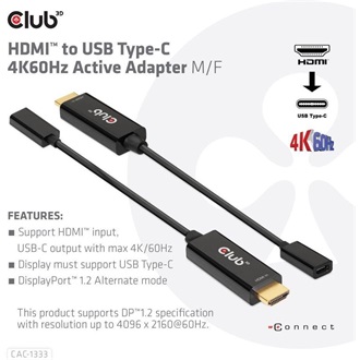 Club 3D CAC-1333 HDMI 2.0 -> USB-C M/F aktív adapter 0.2m fekete