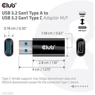 Club 3D USB-A 3.2 Gen1 -> USB-C 3.2 Gen1 M/F adapter fekete