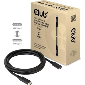 Club 3D USB-C 3.2 Gen1 -> USB-C 3.2 Gen1 M/F adatkábel hosszabbító 2m fekete 60W