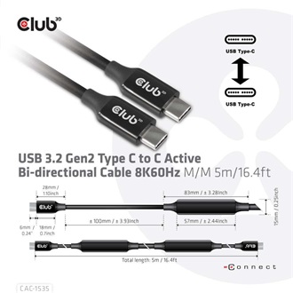Club 3D USB 3.2 Gen 2 C <-> USB 3.2 Gen 2 C M/M adatkábel 5m fekete kétirányú, 8K60Hz