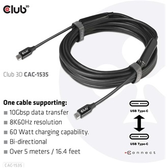 Club 3D USB 3.2 Gen 2 C <-> USB 3.2 Gen 2 C M/M adatkábel 5m fekete kétirányú, 8K60Hz