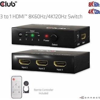 Club 3D CSV-1381 HDMI 2.1 3-portos HDMI video switch fekete