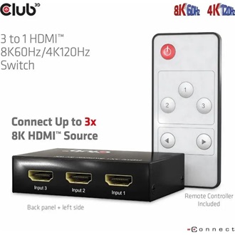 Club 3D CSV-1381 HDMI 2.1 3-portos HDMI video switch fekete