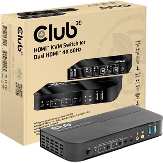 Club 3D CSV-1382 4K60Hz Dual HDMI 2-portos USB2.0 HDMI KVM switch fekete