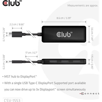 Club 3D CSV-1553 3-portos USB-C DisplayPort video splitter fekete