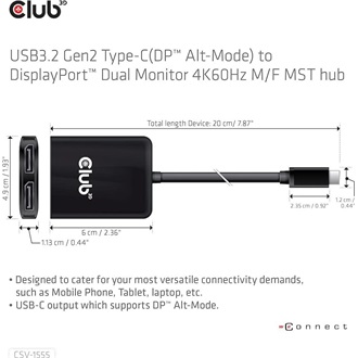 Club 3D CSV-1555 2-portos USB-C DisplayPort video splitter fekete
