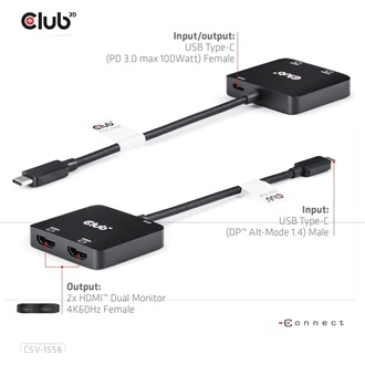 Club 3D CSV-1558 2-portos USB-C HDMI video splitter fekete (USB-C: 100W)