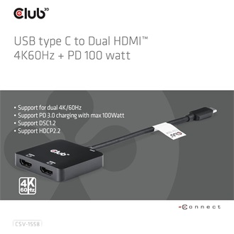 Club 3D CSV-1558 2-portos USB-C HDMI video splitter fekete (USB-C: 100W)