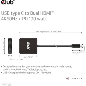Club 3D CSV-1558 2-portos USB-C HDMI video splitter fekete (USB-C: 100W)
