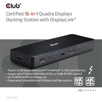 Club 3D CSV-1583 16-port 140W Thunderbolt 4 dokkoló fekete