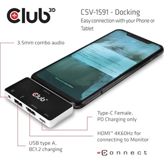 Club 3D CSV-1591 4-port 100W USB-C dokkoló fekete-ezüst