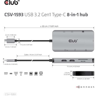 Club 3D CSV-1593 8-in-1 Hub 8-port USB-C dokkoló ezüst