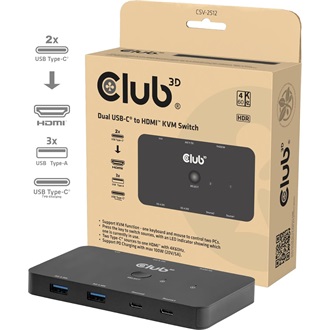 Club 3D CSV-2512 2-portos USB-C/A HDMI KVM switch fekete (100W; 4K60Hz)