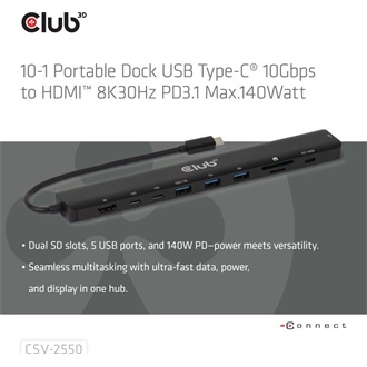 Club 3D CSV-2550 9-port 140W USB-C dokkoló fekete