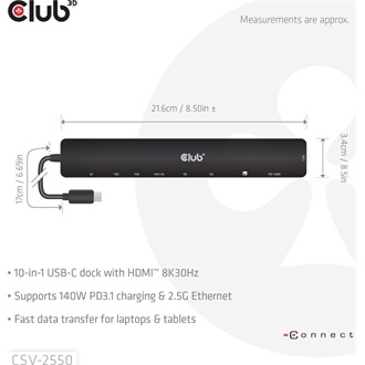 Club 3D CSV-2550 9-port 140W USB-C dokkoló fekete
