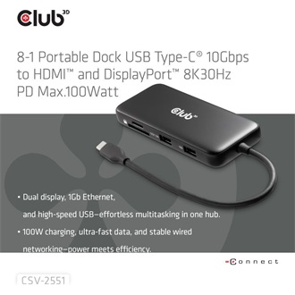 Club 3D CSV-2551 8-port 100W USB-C dokkoló fekete