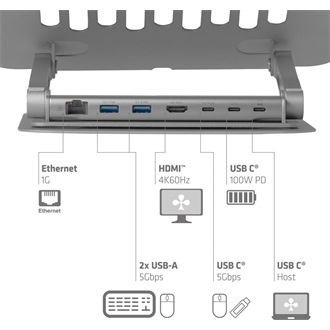 Club 3D CSV-2554 6-port 100W USB-C dokkoló + notebook tartó szürke