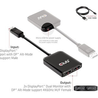 Club 3D CSV-7200 2-portos DisplayPort 1.4 DisplayPort video splitter fekete