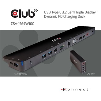 Club 3D Triple Display Dynamic PD Charging Dock USB-C dokkoló fekete