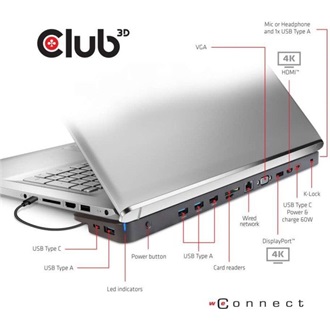 Club 3D Triple Display Dynamic PD Charging Dock USB-C dokkoló fekete