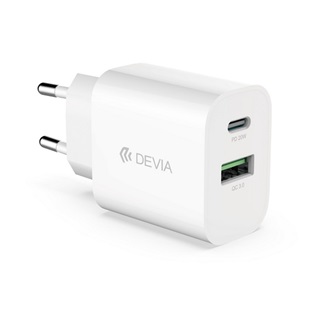 DEVIA SMART hálózati töltő USB+Type-C aljzat 20W, PD gyorstöltő, FEHÉR