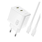 DUDAO A28PCEU hálózati töltő 2 Type-C aljzat (45W, GaN, PD gyorstöltő + Type-C kábel) FEHÉR
