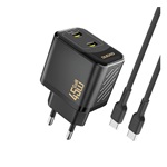 DUDAO A28PCEU hálózati töltő 2 Type-C aljzat (45W, GaN, PD gyorstöltő + Type-C kábel) FEKETE