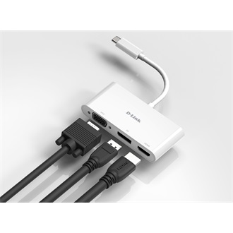 D-Link 3-in-1 USB-C / Thunderbolt -> 1db HDMI 1.4 1db DisplayPort 1.2 1db VGA M/F aktív adapter 0.15m fehér