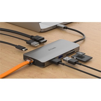 D-Link DUB-M810 8-in-1 USB-C USB3.0 HDMI RJ45 hub ezüst (HDMI: 4K@30Hz, USB-C out: 100W, SD, microSD)