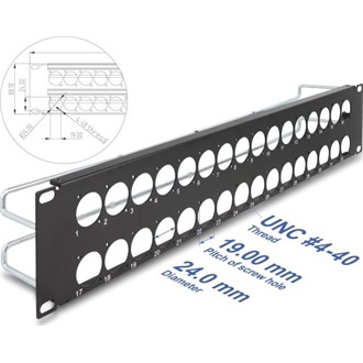 Delock 19  D-típusú patch panel húzásmentesítéssel, 32 porttal 2U fekete