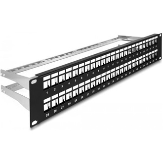 Delock 19  Keystone patch panel 48 porttal és tehermentesítőkkel 2U fekete
