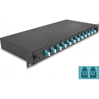 Delock 19  optikai szálösszefűző doboz 12 db. LC Duplex OM3 1U teljes elrendezés kész az összefűzésre