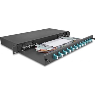 Delock 19  optikai szálösszefűző doboz 12 db. LC Duplex OM3 1U teljes elrendezés kész az összefűzésre