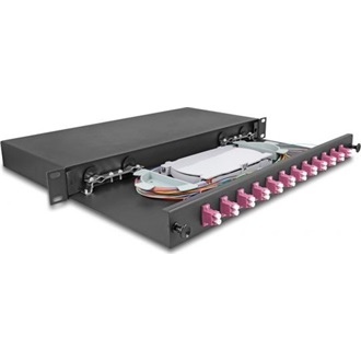 Delock 19  optikai szálösszefűző doboz 12 db. LC Duplex OM4 1U teljes elrendezés kész az összefűzésre
