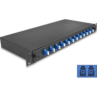 Delock 19  optikai szálösszefűző doboz 12 db. LC Duplex OS2 1U teljes elrendezés kész az összefűzésre