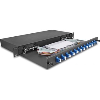 Delock 19  optikai szálösszefűző doboz 12 db. LC Duplex OS2 1U teljes elrendezés kész az összefűzésre