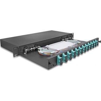 Delock 19  optikai szálösszefűző doboz 12 db. SC Duplex OM3 1U teljes elrendezés kész az összefűzésre