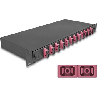 Delock 19  optikai szálösszefűző doboz 12 db. SC Duplex OM4 1U teljes elrendezés kész az összefűzésre