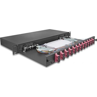 Delock 19  optikai szálösszefűző doboz 12 db. SC Duplex OM4 1U teljes elrendezés kész az összefűzésre