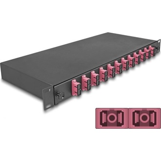 Delock 19  optikai szálösszefűző doboz 12 db. SC Duplex OM4 1U teljes elrendezés kész az összefűzésre