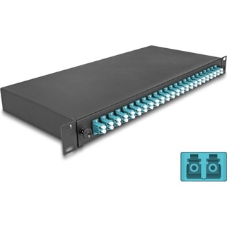 Delock 19  optikai szálösszefűző doboz 24 db. LC Duplex OM3 1U teljes elrendezés kész az összefűzésre